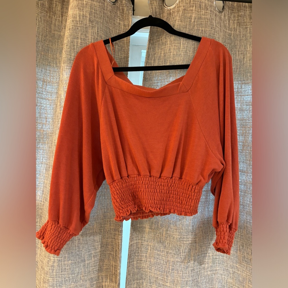 Free People orange square neck long sleeve top, size Small